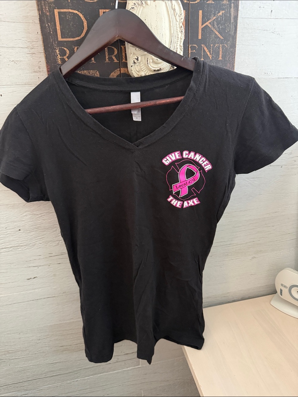 Next Level Apparel Black V-Neck Tee with Pink Ribbon "Give Cancer The Axe"Cotton